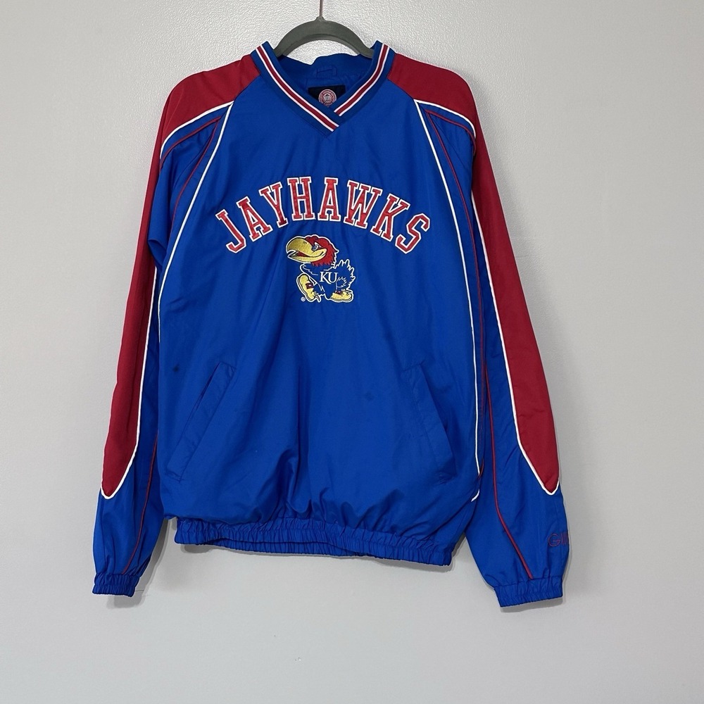 Kansas Jayhawks Jacket Mens L Blue Red NCAA Basketball Pullover Carl Banks KU